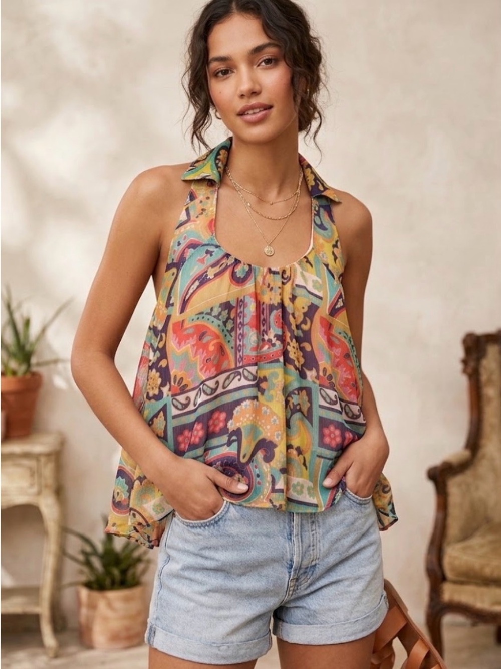 NEW FREE PEOPLE top Meadow Combo Flowy Lined Bohemian Tank Size XS